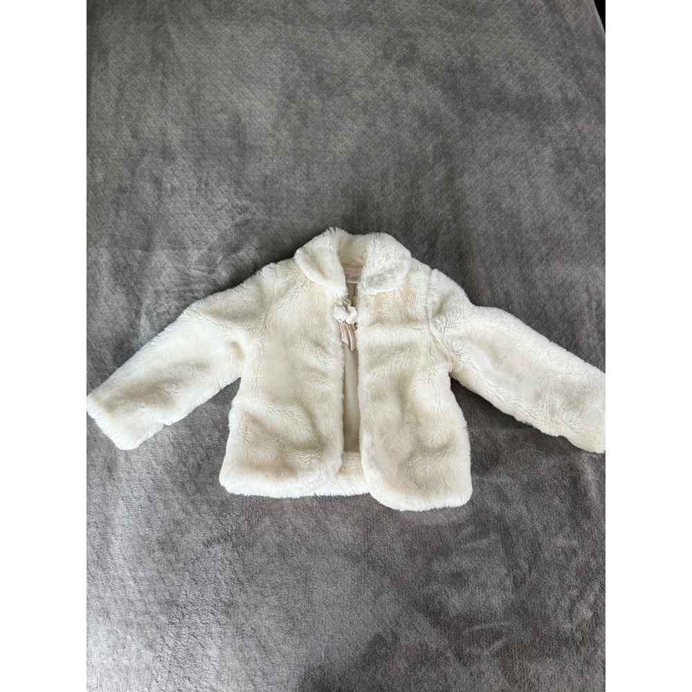 Janie and Jack Girls Cream Faux Fur‎ Coat Bow Detail Ivory Jacket 2T-3T
